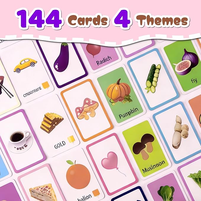 4 Set in 1, 144 Pcs Flash Cards for Toddlers 1-3, Word-Picture Recognition - Food & Drinks, Vegetables, Fruits, Color Flashcards for Toddler 1-3, Flash Cards for Toddlers 1-3
