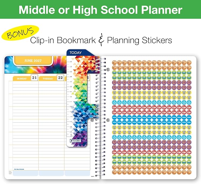 Global Datebooks 2026-2027 Middle & High School Student Planner 7" x 9" - Dated Weekly & Monthly Academic Planner w/Ruler/Bookmark & Stickers, Ideal for Homework, Matrix Style, Retro