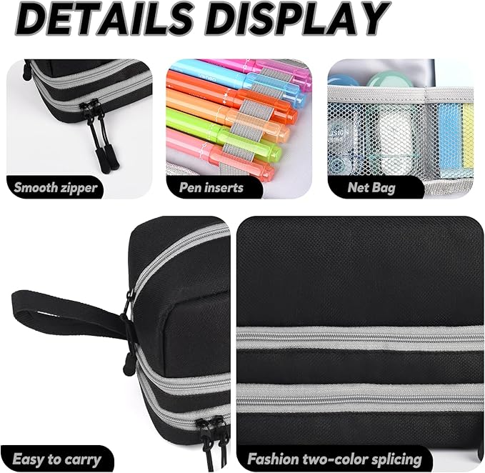 Genteen Large Capacity Pencil Case,Multifunction Pencil Pouch,Pencil Bags with Zipper 3 Compartments Pencil case organizer for or School Teen Girl Boy Men Women（Black）