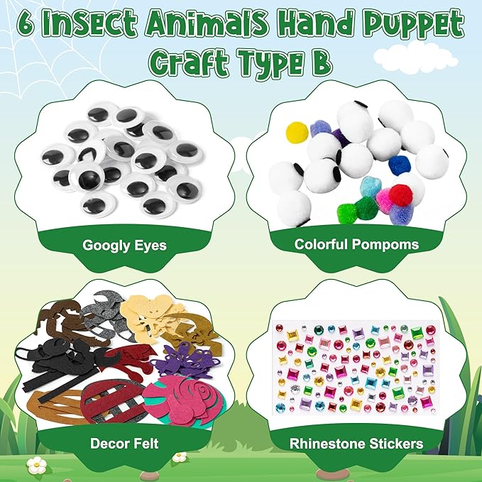 WATINC 6Pcs Hand Puppet Making Kit, Art Craft Felt Sock Puppet Toys, Creative DIY Make Your Own Pompoms Wiggle Googly Eyes Storytelling Role Play Party Supplies Gift for Girls Boys (Insect Animals B)