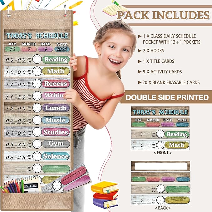 Pasimy Daily Schedule Pocket Chart with 31 Reusable Cards and 14 Pockets Classroom Decor Farmhouse Schedule Charts for School Office Home Educational Activity (Burlap)