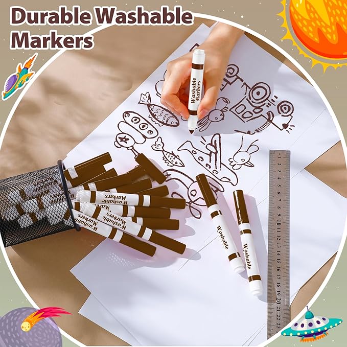 24 Pcs Washable Markers Bulk Broad Line Markers Coloring Conical Tip Large pens for Kids art projects, Teachers, Students, Toddlers, Party Favors, Classrooms, Donations(Brown)