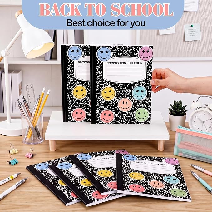 Eaasty Composition Notebook Wide Ruled Paper Assorted Marble Aesthetic Composition Notebook 100 Page 7.5" x 9.75" Journal Gift for Back to School First Day of School Students Teacher (6 Pcs,Smile)