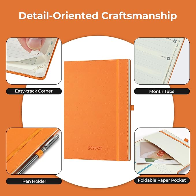 Weekly Monthly 2026-2027 Planner (July 26-Dec 27),11.5"x8.5",18 Months Agenda Plan with Month Tabs & Pocket,Expenses/Note Pages, Academic Calendar with Vegan Leather Cover,Orange