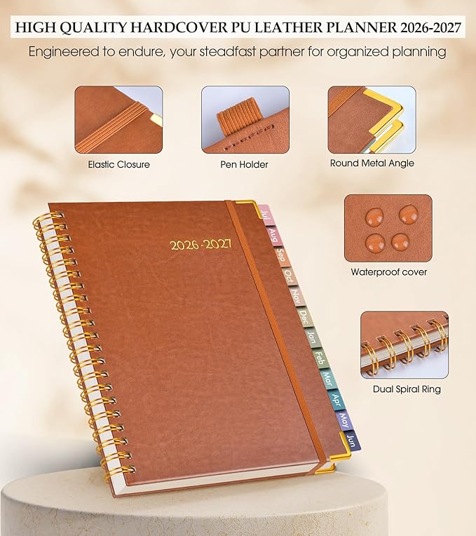 Academic Planner 2026-2027, Hardcover Leather Weekly and Monthly Calendar Planner from July 2026 - June 2027, A4 8.5" x 11" Daily Agenda with Tabs, College School Organizer for Student Teacher, Brown