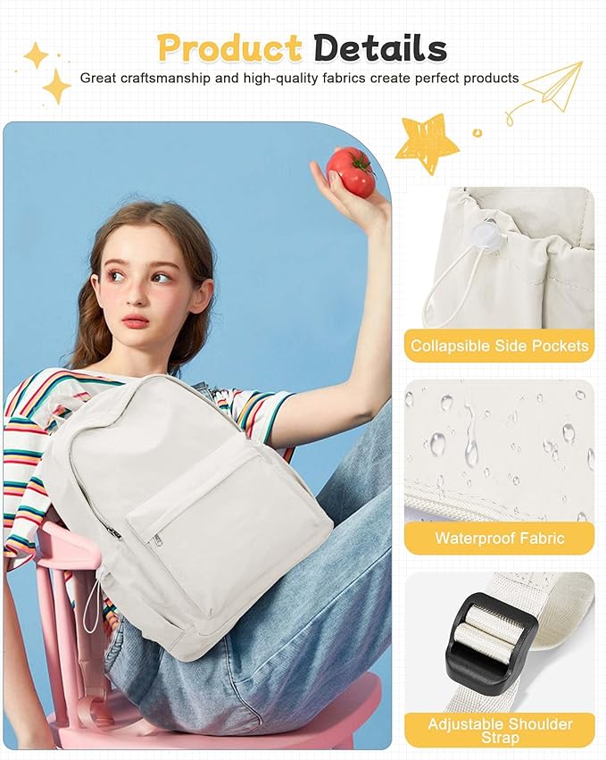 BJLFS White Backpack for School Women Girls, Waterproof Bookbag Cute High School Back pack for Men Teen Boys, Lightweight Travel College Backpack Mochilas Escolares para Casual Daypack Rucksack