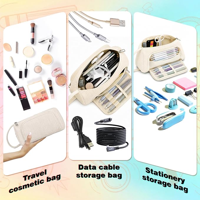 Big Capacity Pencil case,Soft Corduroy Pencil Bag with 3 Compartment Pouch Bag for School Supplies Office for Teen Girls Boys Women Man (White New)
