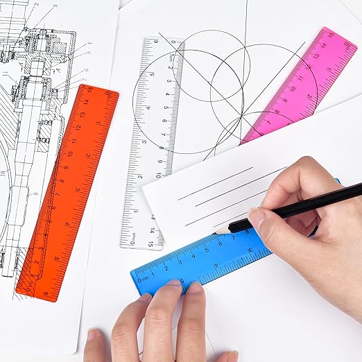 Unjoo Clear Plastic Ruler 6 Inch Straight Rulers, Bulk Assorted Colors, Shatterproof Ruler with Inches and Centimeters for School Classroom, Home, or Office (8 Pack)