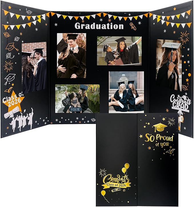 GMFrames Graduation Trifold Poster Board Picture Display Boards 2026 Grad Party Decorations Multiple Photo Table Display for Senior High School, College and University