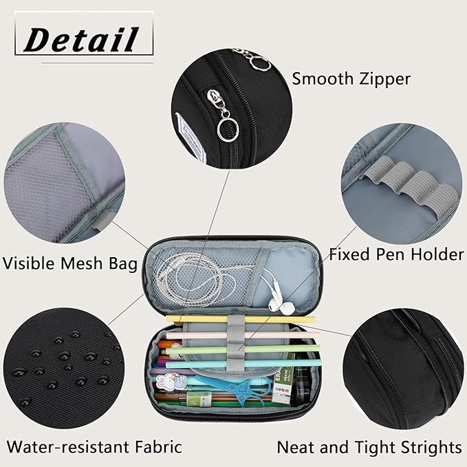 FUXINGYAO Pencil Case, Multi-compartment Pencil Pouch, Portable Pencil Bag (2101-big-BK)
