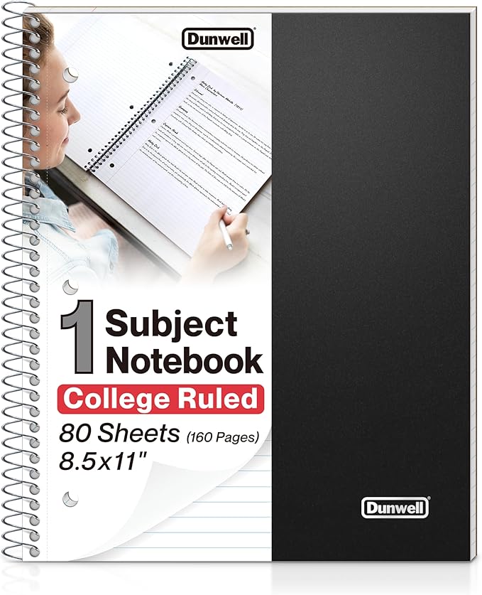 Dunwell College Ruled 1 Subject Notebook, 80 Sheets, Spiral Notebook with 8.5 x 11 Paper, Protective Plastic Cover, Divider with Pockets, Perforated Pages, 3-Hole Punched