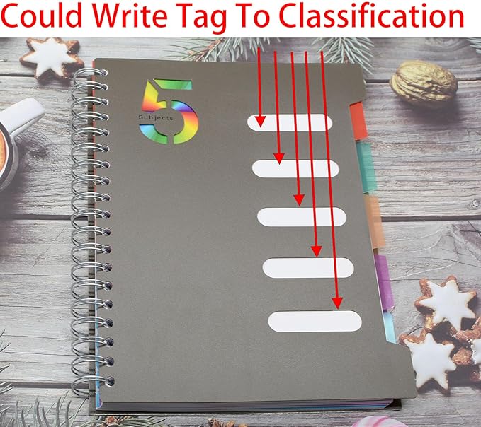 5 Subject Notebook, 4 Pcs 10 Inch x 7 Inch B5 Black Spiral Notebook With Waterproof Plastic Softcover, 300 Pages 80 Gsm College Ruled Papers With 5 Sheets Colorful Movable Dividers (4 Pcs Black)