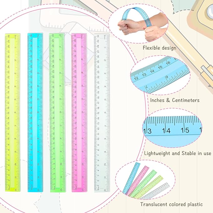 Tenare 20 Pieces Clear Plastic Rulers 12 Inch Bulk Straight Rulers with Inches and Centimeters Transparent Shatterproof for Kids Math Supplies Students School Office Measuring Tools(Multicolor)