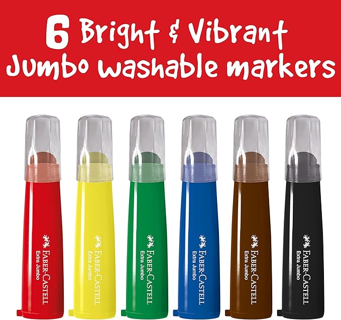 Faber-Castell Little Creatives Extra Jumbo Ultra Washable Markers for Kids - 6 Colors, Spring Craft Supplies, Art Supplies for Kids Toddlers, Preschool (Ages 3+)