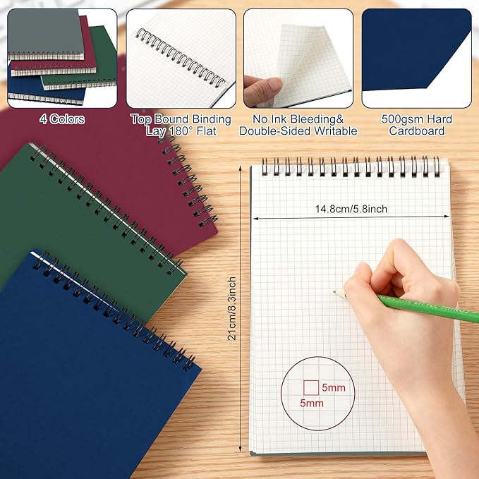 Engrowtic 4 Pack Graph Paper Spiral Notepad A5 Top Wirebound Notepad Grid Notebook Steno Pads Memo Notebook Grid Paper 140 Pages for Writing Sketching Drawing Office Supplies (Multicolor 2)