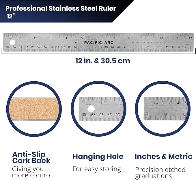 2 Pack Pacific Arc Stainless Steel 12 Inch Metal Ruler Non-Slip Cork Back, with Inch and Metric Graduations