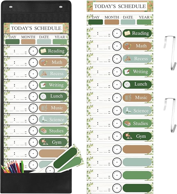 Pasimy Daily Schedule Pocket Chart with 31 Reusable Cards and 14 Pockets Classroom Decor Farmhouse Schedule Charts for School Office Home Educational Activity (Greenery)