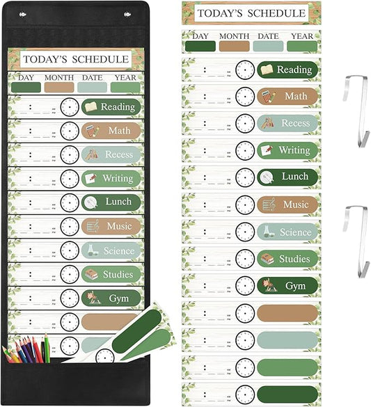 Pasimy Daily Schedule Pocket Chart with 31 Reusable Cards and 14 Pockets Classroom Decor Farmhouse Schedule Charts for School Office Home Educational Activity (Greenery)