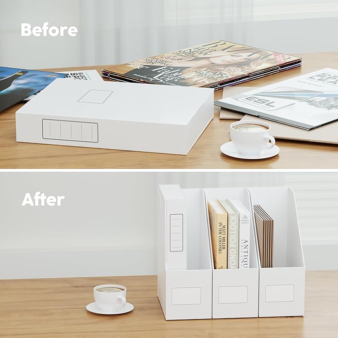 JiaWei White Magazine File Holders, 3 Packs Sturdy Cardboard File Rack, Office Organization Desktop Storage File Box Binder for Shelves and Desk, Folder Holder for Office or Classroom