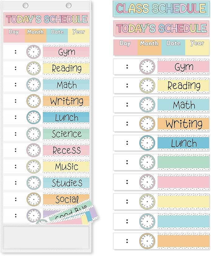 JarThenaAMCS Pastel Daily Schedule Pocket Chart 13 x 35.5 In Colorful 13 + 1 Pocket Visual Schedule Chart Board with 24 Card for Classroom Home Office Supplies