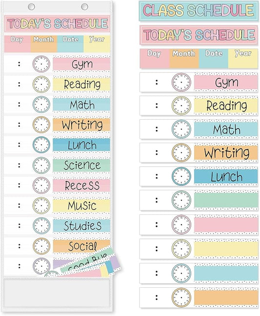 JarThenaAMCS Pastel Daily Schedule Pocket Chart 13 x 35.5 In Colorful 13 + 1 Pocket Visual Schedule Chart Board with 24 Card for Classroom Home Office Supplies