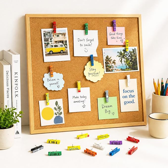 Haooryx Push Pin with Wooden Clips - 48Pcs Back To School Crayon Clothes Pin Shaped Tack Thumbtacks Pencil Ruler Notebook Photo Clip for Cork Bulletin Board Back to School Classroom Decor Teacher Gift