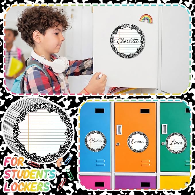 Crtiin 42 Pcs Magnetic Name Tags for Lockers Round Composition Notebook Dry Erase Labels Magnetic Reusable Name Tags for Back to School Whiteboard Classroom School Bus Locker Fridge