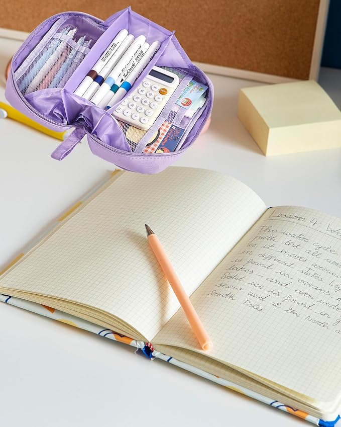 Large Pencil Case, Wide Opening Pencil Pouch with Zipper, Multi-layer Aesthetic Pen Bag for Teens Girls Women, Portable Pen Holder for Office College School (Purple)