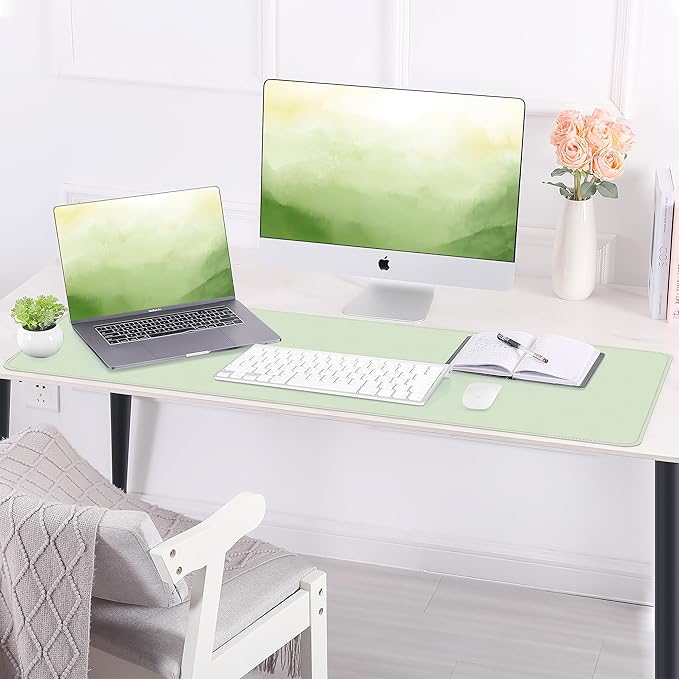 AFIING Leather Desk Pad Protector, Large Desk Mat with Natural Cork & PU Leather, Mouse Pad, Non-Slip, Waterproof Desk Writing Pad for Office and Home, Light Green