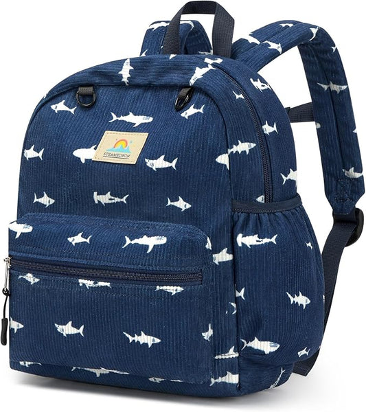 STEAMEDBUN Corduroy Toddler Backpack for Girls 2-4: Kids backpack for Boys Girls - 12 inch Preschool Kindergarten Backpacks - Blue Shark