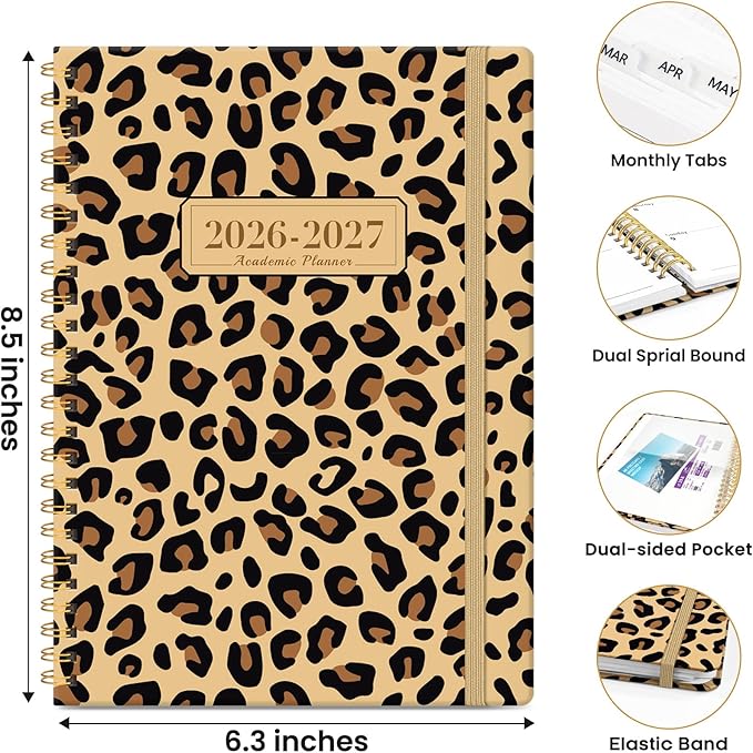 Planner 2026-2027, Monthly and Weekly Academic Planner July 2026 - June 2027, Hardcover Student Teacher Planning Agenda Calendar Book with Tabs, Perfect for Office School Supplies, A5 (6.3" x 8.5") - Leopard