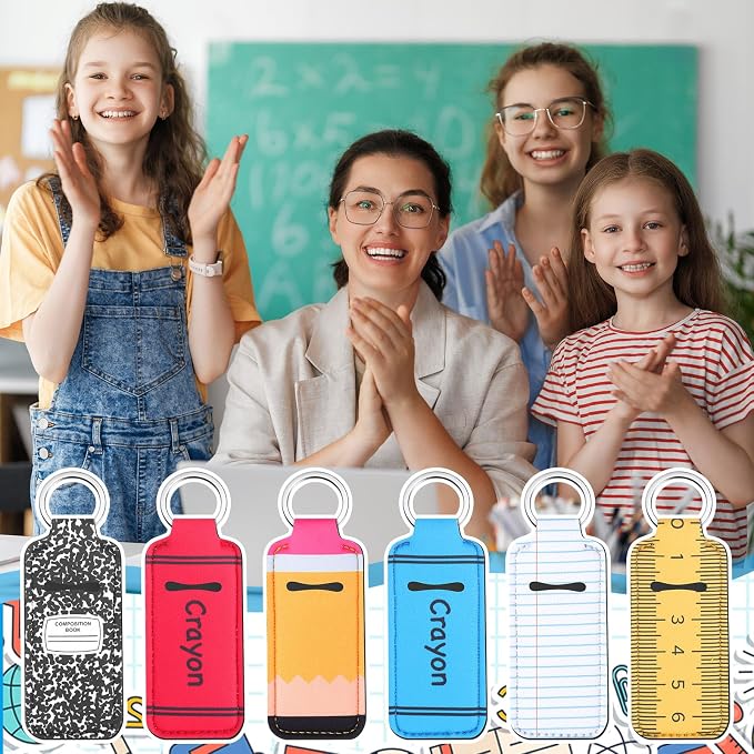 12 Pcs Back to School Lipstick Holder Keychains Bulk Teacher Appreciation Gifts Cute Pocket Lip Balm Holder Keychain Purse Accessories for Women Back to School Party Favors, 6 Style