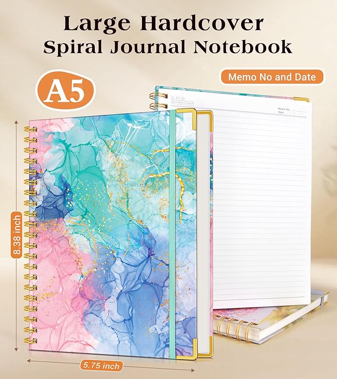 Lined Spiral Notebook Journal for Women, 150 Pages Cute Notebooks 5.75” x 8.38”, A5 Hardcover Spiral Journals with 100 GSM Thick Paper, College Ruled Notebook for Writing Work School, Pink Blue Marble