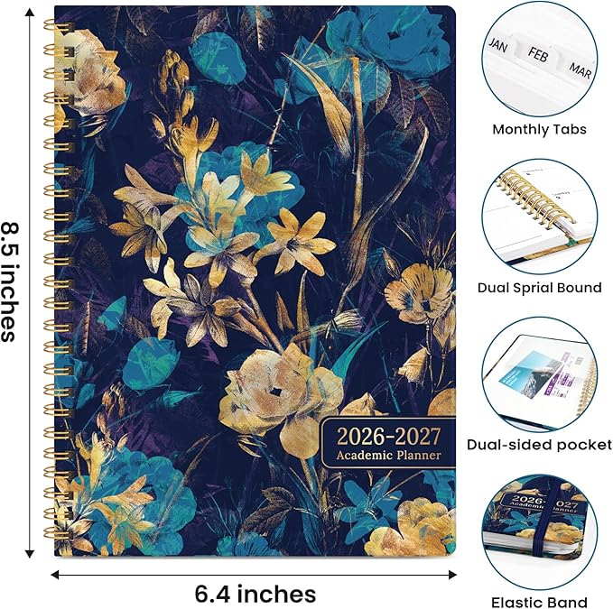 Academic Planner 2026-2027, Weekly and Monthly Calendar Book, July 2026 – June 2027, Hardcover Planner with Tabs, Perfect for Teachers, Students, Women & Men, A5 (6.4" x 8.5") - Turquoise Flowers