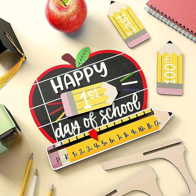 Kosiz Apple First and Last Day of School Sign Back to School Board Gifts Round Wooden First Day of Sign Reusable Dry Erase 8''