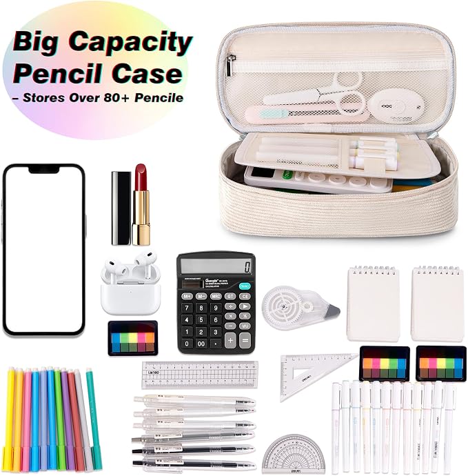 Big Capacity Pencil case,Soft Corduroy Pencil Bag,Cute Pen Case with Handle,Multi-Functional Compartments, Wide Opening Pen Pouch Organizer for Teen Girls Wome