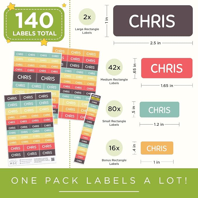 Personalized Daycare Name Washable Labels for Kids, (140 Pack) Waterproof Custom Name Stickers for Clothing Tags, Lunch Boxes and School Supplies, Made in USA by MSC -Jamboree