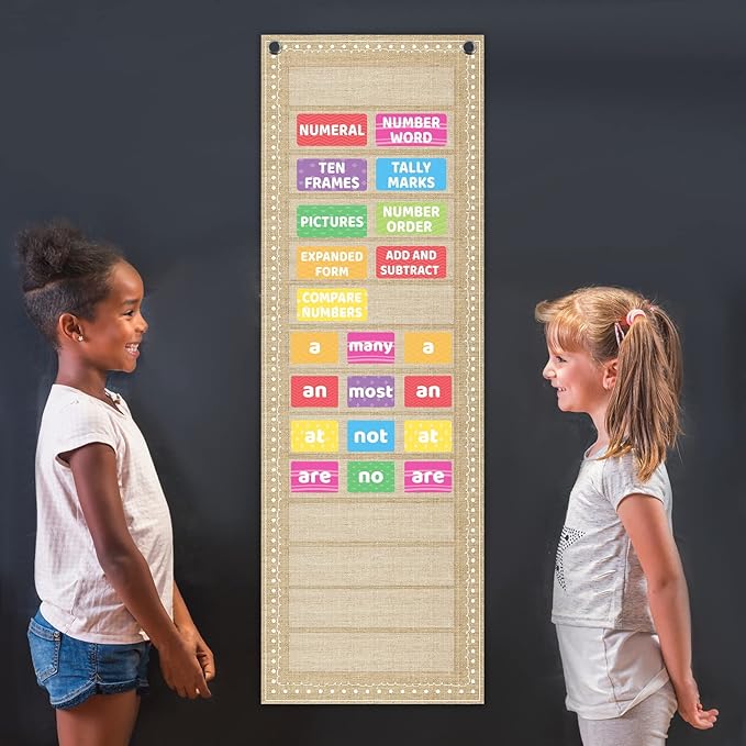 Tevxj Back to School Decoration Burlap Daily Schedule Pocket Chart for Classroom 39 * 13 Inch, Linen Teacher Hanging Pocket Chart with 14 Pockets Calendar Chart for School Learning Supplies Wall Decor