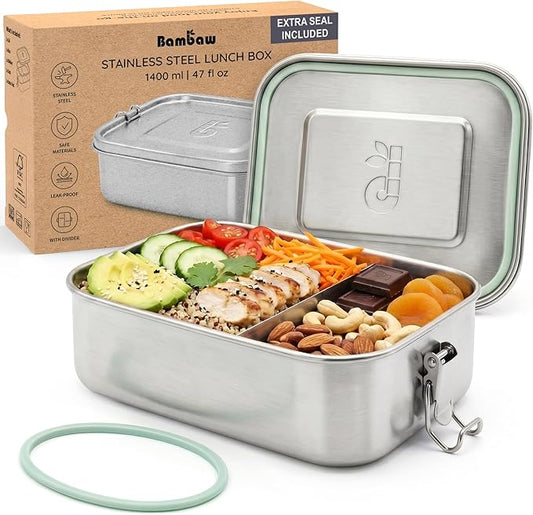 Bambaw Stainless Steel Lunch Box for Adults 47 oz, Metal Bento Box with Adjustable Compartment, Metal Lunch Container, Leakproof Stainless Steel Sandwich Container