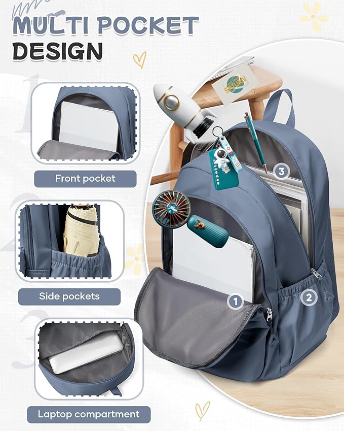 BJLFS Small Blue Backpack for School Women Girls, Waterproof Bookbag Cute High School Backpack for Men Teen Boys, Lightweight Travel College Back Pack Mochilas Escolares para Casual Daypack Rucksack