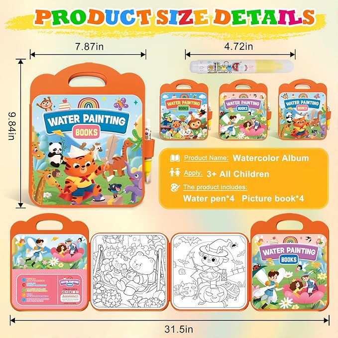 Bresdim Magic Water Coloring Book for Kids, 3Pack Reusable Mess Free Water Painting Book, Educational Toddler Toys for Travel & Home, Safe Non-Toxic Art Activity for Ages 1-3-8