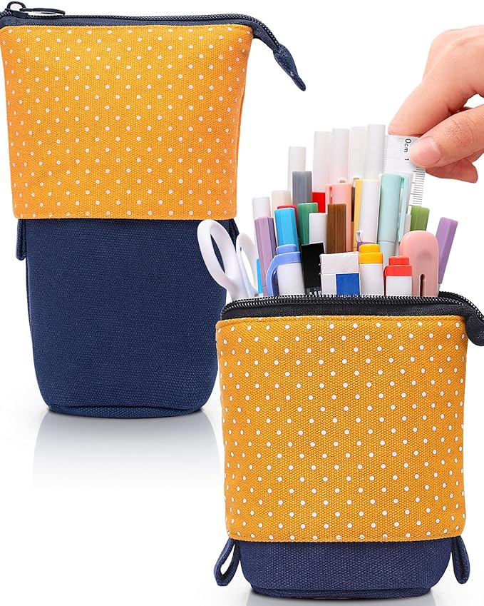Sooez Standing Pencil Case, Cute Stand up Pencil Pouch, Telescopic Pen Pouch, Portable Pencil Holder, Cute Stand up Pencil Case, Spacious Pencil Pouch Bag for School Office Supplies, Orange