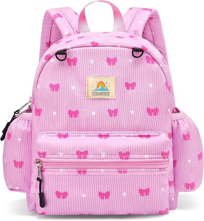 STEAMEDBUN Corduroy Toddler Backpack for Girls 2-4: Kids backpack for Boys Girls - 12 inch Preschool Kindergarten Backpacks - Pink Bow