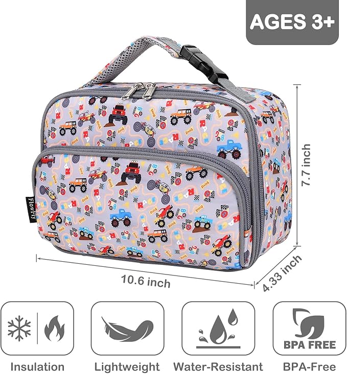 FlowFly Kids Lunch box with buckle Insulated Cooler Back to School Thermal Meal Tote Kit for Girls, Boys, Truck