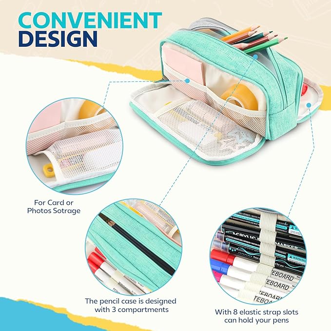 Large Capacity Pencil Case Pencil Pouch Pen Bag with 3 Compartment Stationery Organizer with Zipper, School Supplies Organizer for Teen Adults (green)