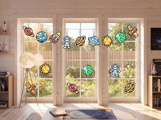 Renbuzhu 48PCS Solar System Space Paper Suncatchers DIY Project Kits, Back to School Window Stained Glass Effect Art Supplies for Party