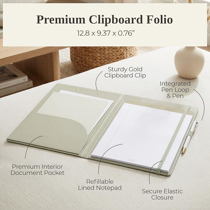 Aesthetic Clipboard Folio with Refillable Lined Notepad & Interior Pocket – Cute Padfolio/Legal Pad Holder for Women – Easily Organize Notes at Work, School, or Home