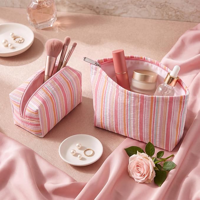 Huhumy 2 Pcs Striped Makeup Bag, Travel Toiletry Bag for Women, Aesthetic Cute Colorful Cosmetic Pouch, Seersucker Storage Organizer for Accessories, Essentials, Toiletries(Pink Orange Green)