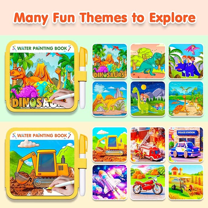 ZHOC Reusable Water Painting Books for Kids – 2 Pack Magic Water Reveal Coloring Books with Water Pens (Cars & Dinosaur) No-Mess Coloring Book Fun Travel Activity for Ages 3 4 5 6 7 8