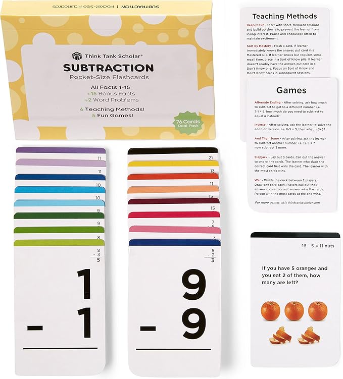 Think Tank Scholar Subtraction Flash Cards - 150 Facts 1-12 - (Award Winning) Math Flashcards for Kids Ages 4-8 in Kindergarten, 1st, 2nd, 3rd, 4th Grade & Homeschool - 6 Teaching Methods & 5 Games